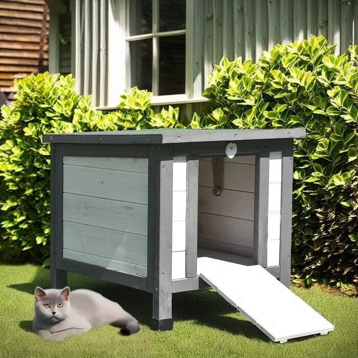 Зимовий будиночок для котів з відкидною кришкою і пандусом, 50x45x43 см, дерев'яна вулична котяча хата, спальний будиночок, котяча нора