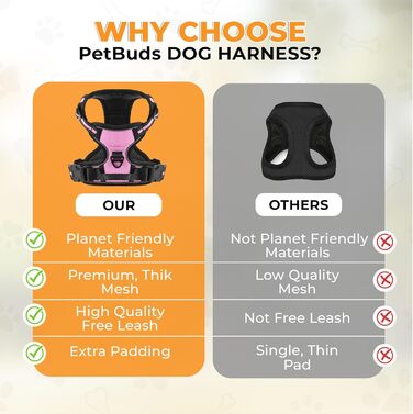 Регульована шлейка для собак PetBuds, з повідцем 1,5 м, дихаюча та міцна, для всіх порід, рожева, розмір M