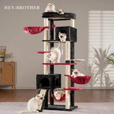 Hey-brother Котячий комплекс 180 см для дому, багаторівневий дерев'яний дряпак для котів з двома будиночками, двома кошиками, гамаком, мискою та сизалевим стовпом, рудо-чорний