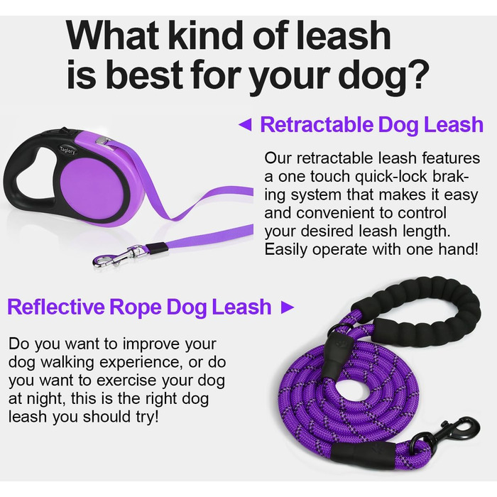 Витяжна повідка для собак середніх та великих порід Taglory, до 45 кг, 5 м, антиковзний хват, безпечна система зупинки, фіолетовий