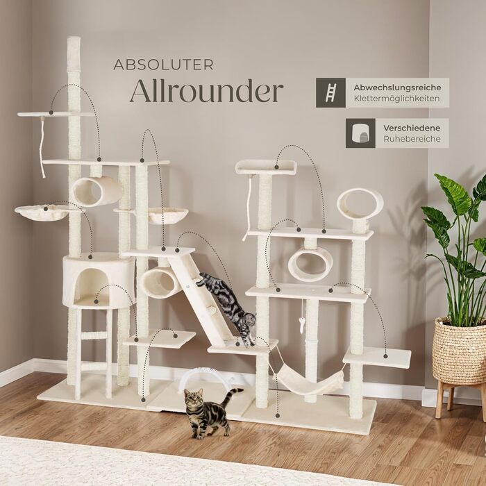 Дряпка для котів tectake Snooky | Ігровий центр з багатоярусною дряпкою та будиночком | Платформи для спостереження (Сірий, Бежевий)