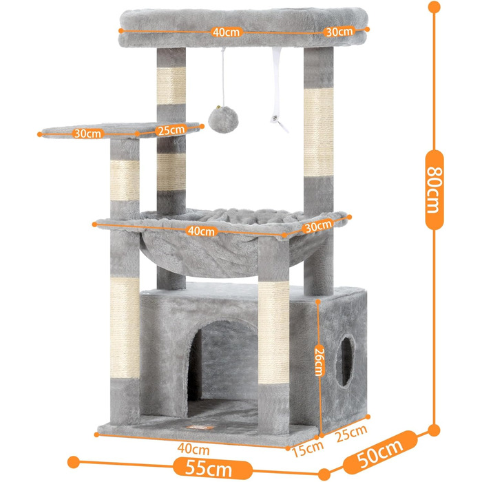 Котячий будиночок Heybly HCT008SW: міцний котячий будиночок з великим м'яким лежаком, місцем для сну та сизалевими стовпчиками для дряпання, сірий