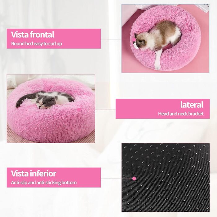 М'яке кругле ліжко для собак та котів 60см – зручне лежанка-пончик для маленьких собак та котів, миється, не слизьке, плюшеве ліжко для тварин, сірий (L 60 x B 60 x H 20 cm, Рожевий)