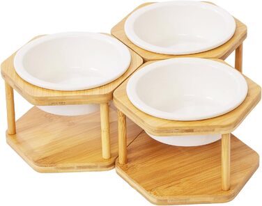 Набір з 3 керамічних мисок для котів на підставці з бамбука, підняті миски для котів, антиковзні ніжки, годівниця для котів, миски для котів (кераміка)