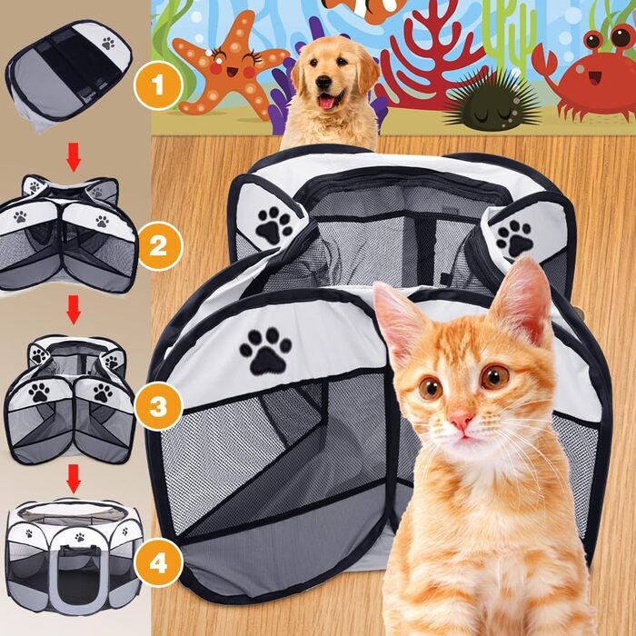 Вольєр для цуценят/маленьких тварин, 74x74x43 см. Підходить для собак, котів, кроликів та інших дрібних тварин. Для використання в приміщенні та на вулиці (Рожевий/Сірий-восьмикутний)