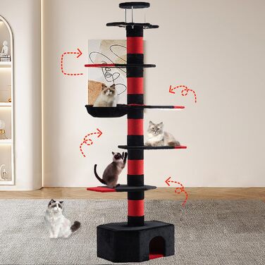 Мекідулу Кігтеточка для котів, 232-280 см, багатоярусна, регульована висота, обмотана чорним оксамитом та червоним сизалем (чорний, червоний)