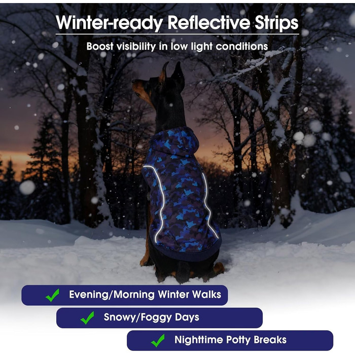 Теплий зимовий пуловер для собак IECOii з отвором для повідка та світловідбиваючими смугами (M-4XL, Синій)