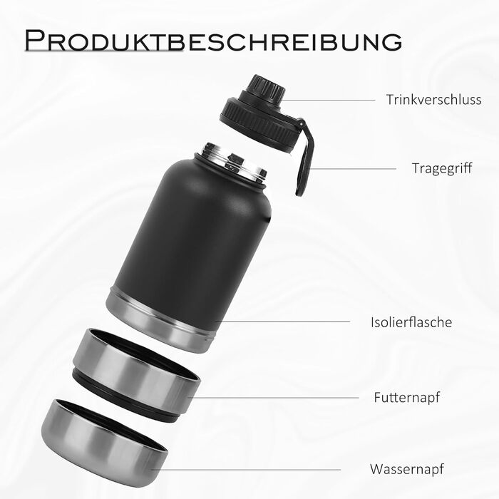 32oz (950 мл) Багатофункціональна пляшка для собак: поїльник, миска для їжі та води, з нержавіючої сталі 304, ізольована, для подорожей, активного відпочинку та прогулянок