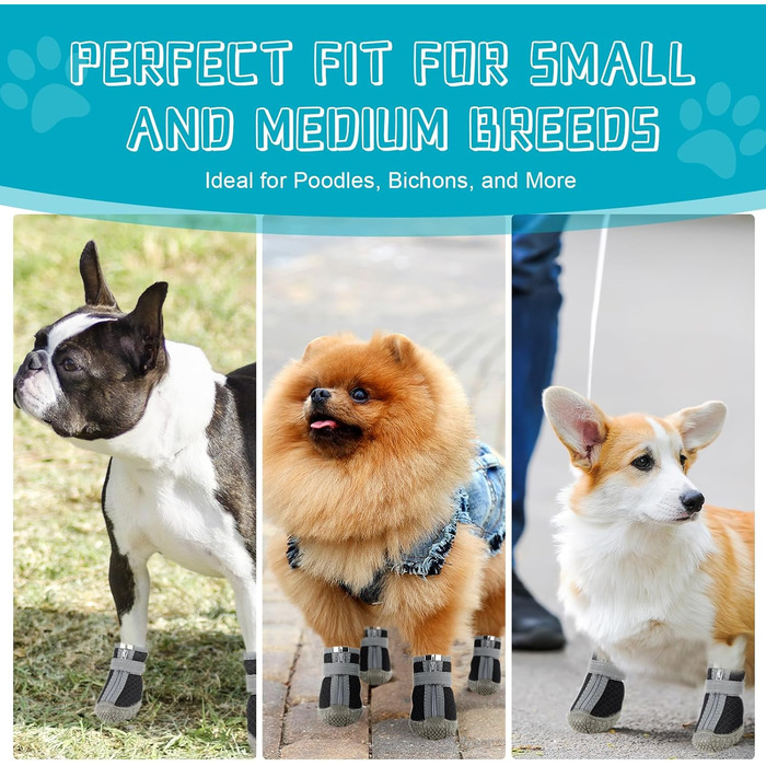 Чоботи для собак, захист подушечок лап, Outdoor, 4 шт. З відбиваючим кріпленням на липучці, дихаючі, регульовані, для малих та середніх собак (Чорний, 5)