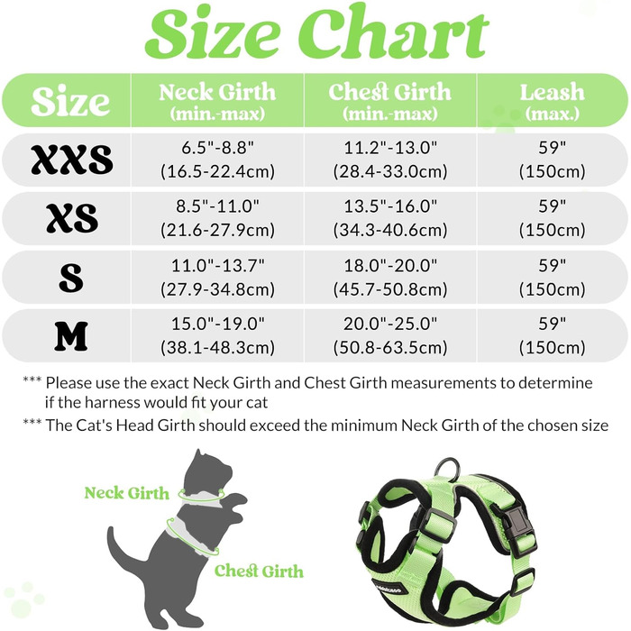 Шлейка для кота Rabbitgoo з повідком, м'яка, безпечна, регульована, зелена, розмір M (XXS, 1 шт.)