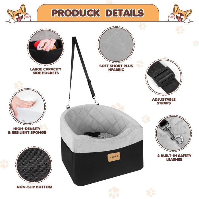 Автокрісло для собак, Memory Foam, чорне водонепроникне, з кишенями та знімним чохлом