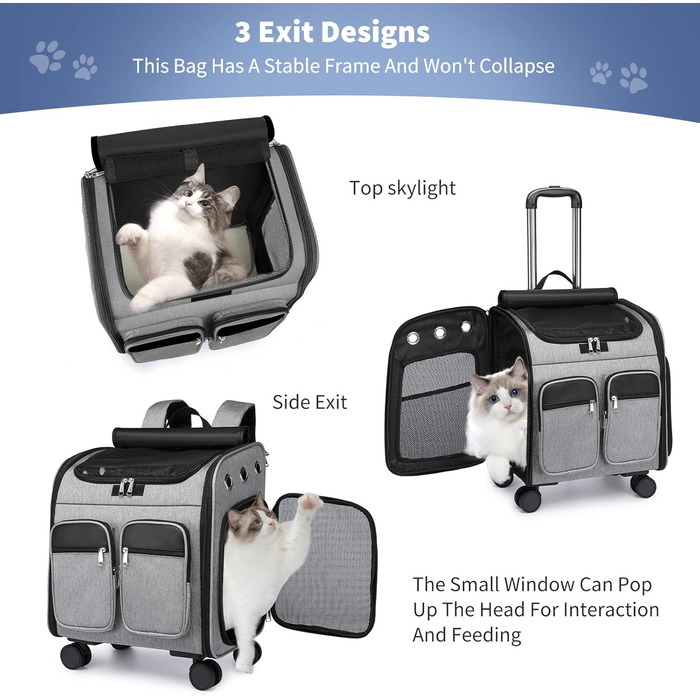 Рюкзак-переноска для кота та собаки PETCUTE з візком 2 в 1 до 11 кг, сірий. Знімний килимок, дихаюча переноска для подорожей з тваринами