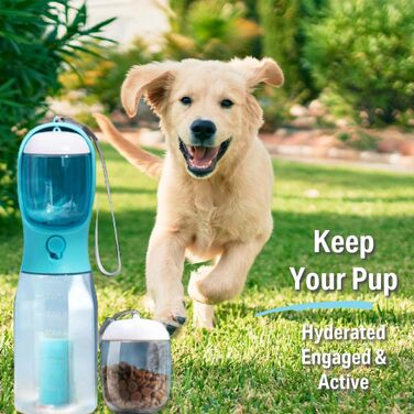 Водяна пляшка для собак PANJAL 600 мл, 4-в-1, витокозахисна, без BPA, з дозатором пакетів та відділенням для ласощів, з фільтром – для прогулянок, походів, подорожей, блакитна