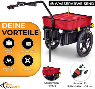 Причіп для велосипеда SAMAX 90 літрів, 80 кг, з кулею, захисною плівкою та з'єднувальною шкірою - причіп для велосипеда, вантажний візок з пластиковою ванною, чорний. Mountain (70л / 60кг, червоний)