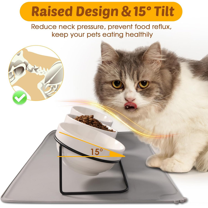 Набір мисок для котів Vikcvcs (3 шт.) з підставкою, кераміка, силікон, 15° нахил, ергономічні, для котів та маленьких собак