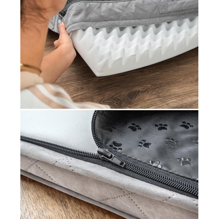 Ортопедичне ліжко для собак Lionto, 112x81x8 см, з м'яким плюшем, знімний та пральний чохол, водовідштовхувальне, для собак та котів, сіре (з нанесенням імені)