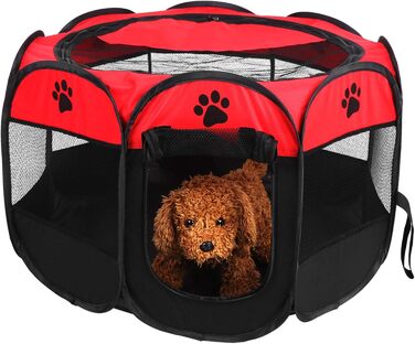 Складане зоо-намет для тварин на 8 панелей з бічною сіткою – вольєр для вигулу домашніх тварин з дверцятами на блискавці для використання в приміщенні та на вулиці, для подорожей, кемпінгу 68 x 45 см (Червоний)