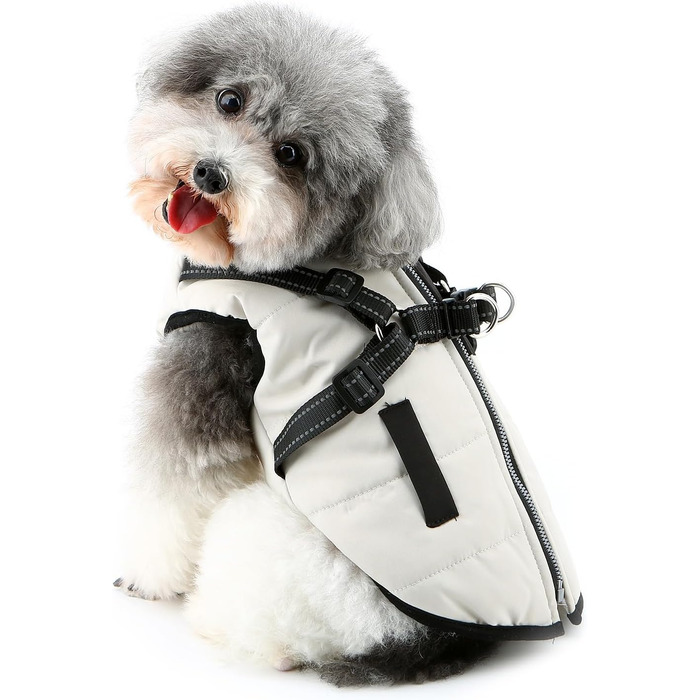 Тепла зимова куртка для собак маленьких порід (Yorkie, Chihuahua) з інтегрованим повідком, без рукавів, L кремового кольору