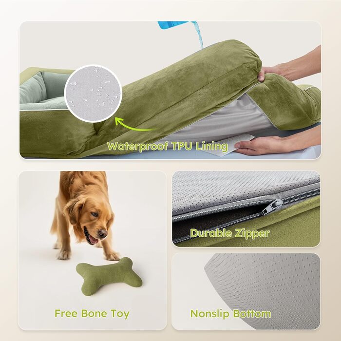 Ортопедичне ліжко для собак, 91x69 см, з іграшкою-кісткою, з охолоджуючого меморі-піни, миється, водонепроникне, неслизьке, велике ліжко для собак, світло-сіре (темно-зелене, L 107 x B 76 x H24 см)