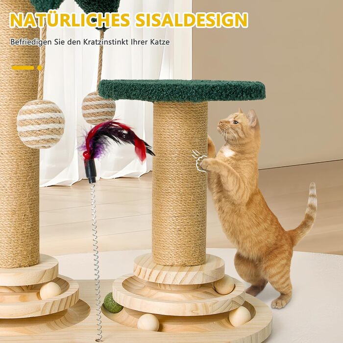 Інтерактивне котяче іграшкове комбо 6-в-1: дерев'яні меблі, кулі, пір'я, м'яч-трекер, котячий когтеточки з сизалю та джуту. Підходить для маленьких та середніх котів. Зелений колір.