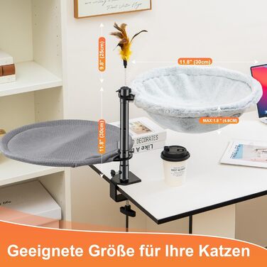 Крісло-лежанка для кота Uross на стіл - 360° обертання та регулювання висоти, м'яка гамачок для котів з 2 знімними чохлами, місце для сну для дому/офісу - для цілорічного використання (двошарове, сіре)