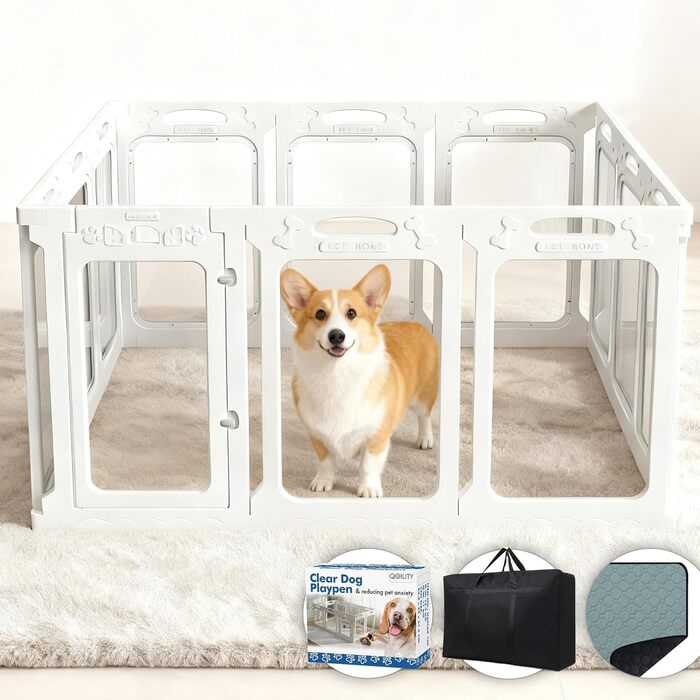 Клітка для собак Qoility, прозора, з дверцятами, 61 см, 12 панелей, чорна, зменшує тривожність, для дому
