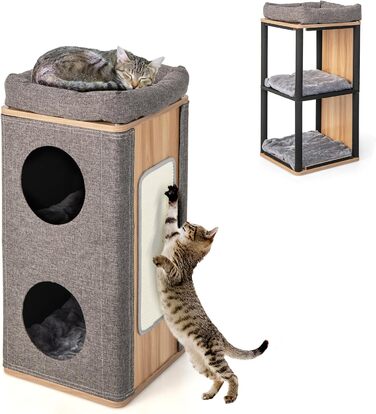 Котячий будиночок SOARS з когтеточкою, 3 яруси, 2 будиночки та лежанка для котів, когтедряпалка, меблі для котів