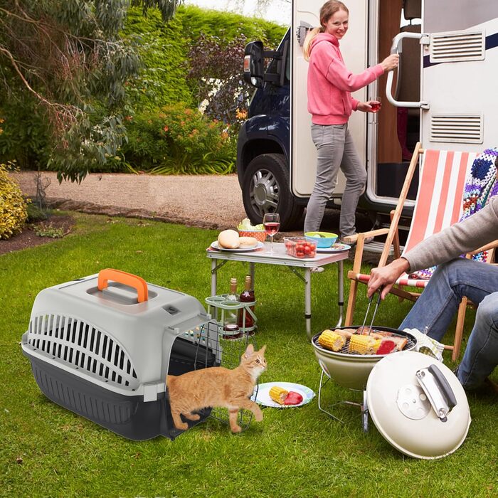 Транспортна переноска для собак та котів Aufun, 48x32x32 см, пластик з металевим ґратом, сіра+чорна