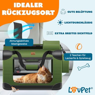 LOVPET® Транспортна переноска для собак та котів | XXL, Хакі | З мискою та плечовим ременем | Складана переноска для тварин