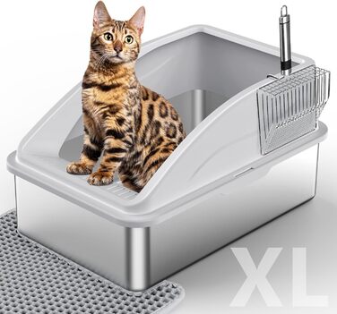 XL туалет для котів INVENHO з нержавіючої сталі з кришкою, антипротікання, не прилипає, з килимком і совком для великих котів