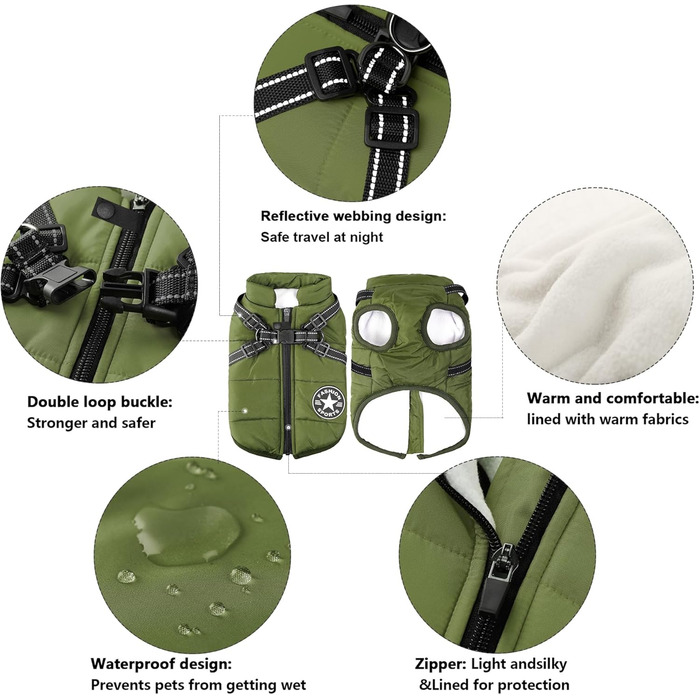 Зимова куртка для собак Aiboria: вітронепроникна, водонепроникна, 2-в-1, тепла, для цуценят, зелена