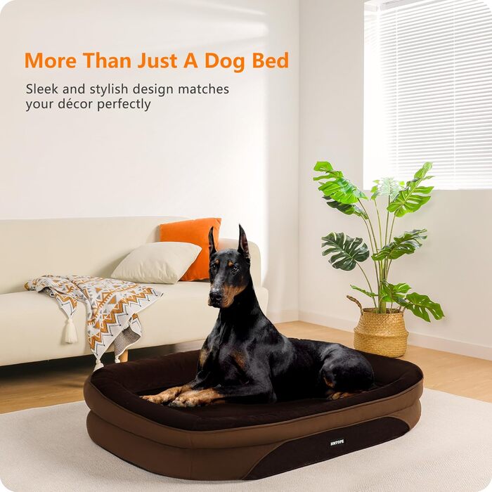 Ортопедичне ліжко для собак, ліжко-софа для великих собак, з підковоподібним валиком для шиї, неслизьке дно, знімний та пральний кошик, 122 x 90 x 19 см, Колір: Коричневий