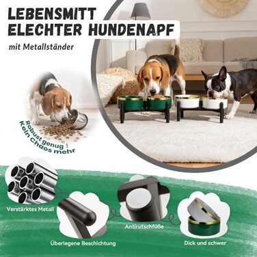 Миска для собак Keraik піднята на підставці з нержавіючої сталі - подвійна миска для корму та води для собак маленьких та середніх порід - неслизький набір мисок для собак - 350г / 660л - 15c - (M, Зелений)