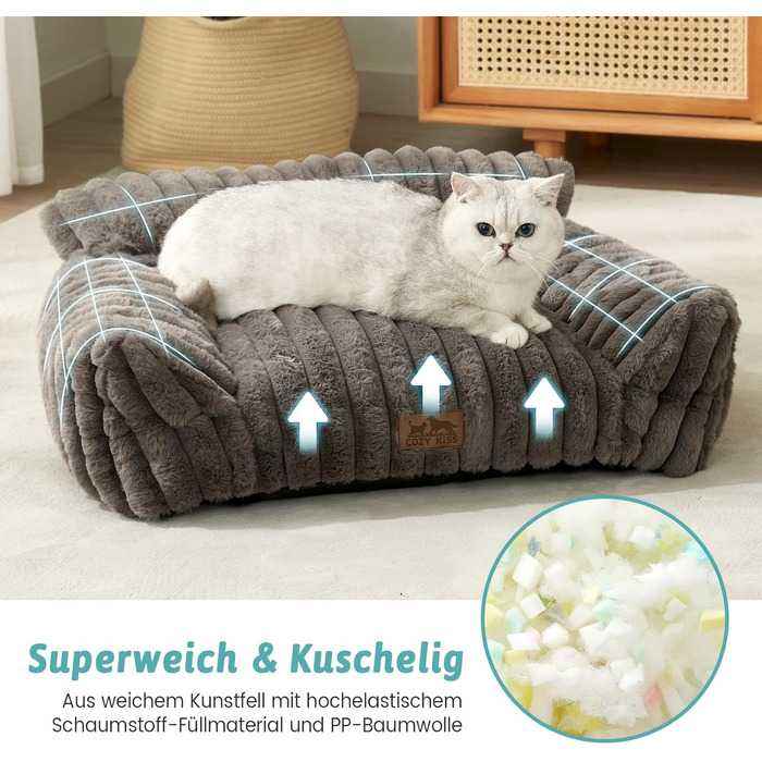 М'яке ліжко для котів COZY KISS, 65x44x30 см (Сірий) - для великих котів та маленьких собак, з антиковзаючою основою