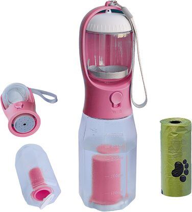 Портативна пляшка для води для собак PANJAL, 600 мл, 4-в-1, витокозахисна, без BPA, з дозатором пакетів для вигулу, відділенням для ласощів, фільтром, для прогулянок, походів, подорожей, блакитна