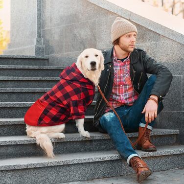 Теплий зимовий пуловер для собак з капюшоном та кишенею, в клітинку, розміри S-5XL (2XL, чорно-червоний)