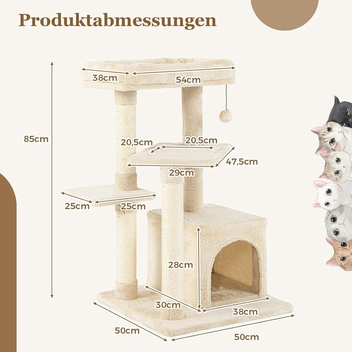 Дерев'яний кігтеточка для котів Costway 85 см з будиночком, м'яким сидінням та іграшкою, бежевий