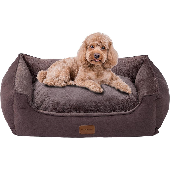 Ортопедичне ліжко для собак маленьких та середніх порід, 52x41x16 см, м'яке та зручне, кошик для собак з високим бортиком, знімний та пральний чохол, неслизьке, для дому та авто (темно-коричневий, S)