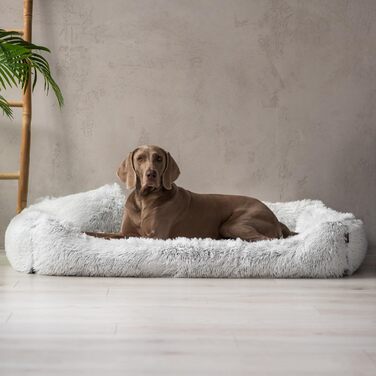 Ортопедичне ліжко для собак Tierlando® Pedro Shaggy з м'яким, пухнастим покриттям з довгого ворсу, знімним Ortho-Plus матрацом, розмір: 160x110 см, колір: світло-сірий