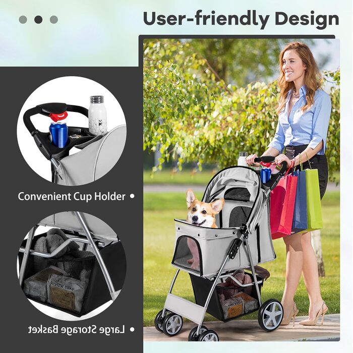 Візок для собак та котів SOARS, до 15 кг, складний, з сіткою, тримачем для напоїв та кошиком для зберігання, сірий