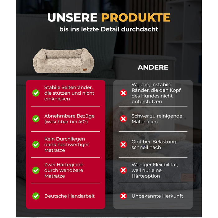 Ортопедичне ліжко для собак Deluxe Exklusiv M (70x90 см) з Memory Foam, антиковзаючою основою, можливостю прання, колір пісок, Made in Germany