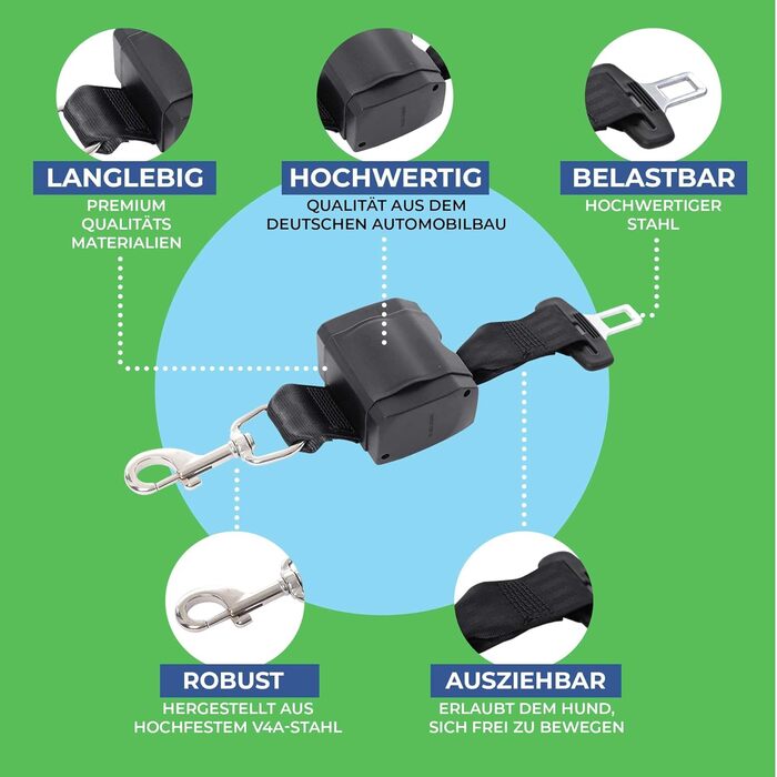 Автоматичний собачий ремінь безпеки для автомобіля - висувний, німецьке виробництво / Ремінь для собак середніх та великих порід / Ремінь з поворотним карабіном з нержавіючої сталі