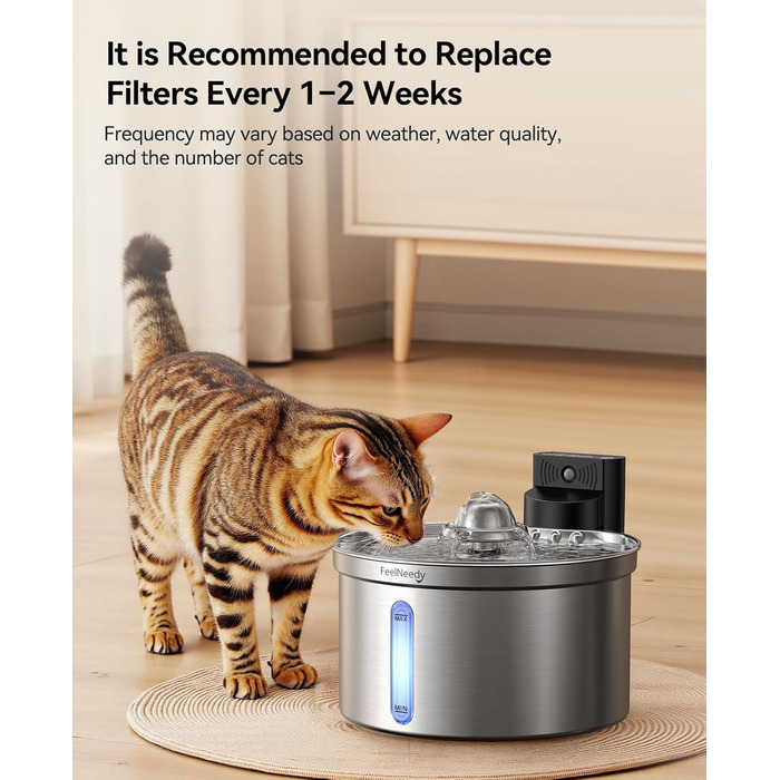 Турнік для котів та собак Edelstahl Kabellos з датчиком рівня води, 3,5L | FEELNEEDY [FN-W19] – Бездротовий фонтанчик з акумулятором 4000mAh, 3 режими роботи, фільтр з активованого вугілля (6 шт.)