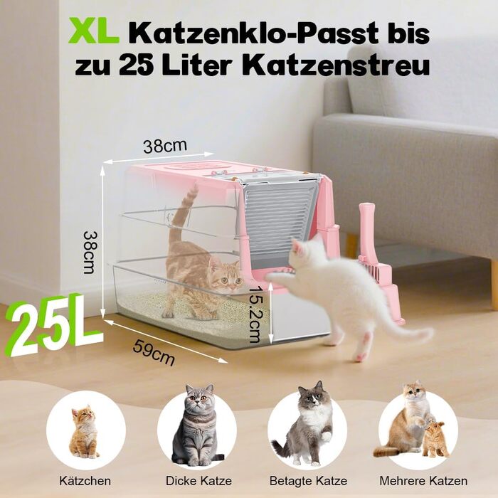 Закритий лоток-туалет для котів SZEE XL з нержавіючої сталі з кришкою, що відкривається на 180°, з совком, 59x38x38 см, Рожевий