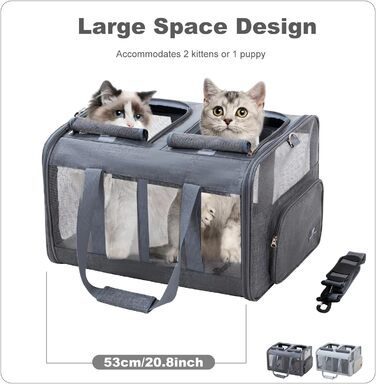 Транспортна сумка PETCUTE для котів середніх розмірів та маленьких собак до 17.5 кг, складана переноска з плечовим ременем та внутрішнім страхувальним шнуром, переноска для котів для подорожей, схвалена авіакомпаніями, темно-сіра