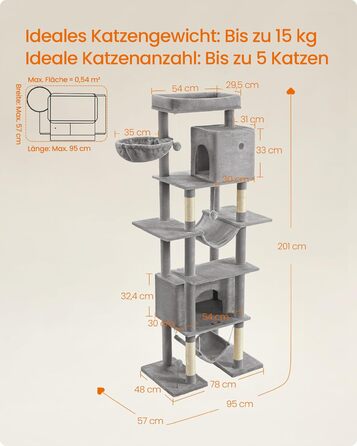 Великий багатоярусний котячий будиночок Feandrea XXL, 201 см, з платформою, лежанкою, 2 котячими домівками, 2 гамаками, захистом від перекидання, світло-сірий