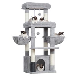 Котячий будиночок Hey-brother Kratzbaum для великих котів та Мейн-кунів, багатоярусний, стабільний, з 2 платформами, 2 будиночками, великою печерею, гребінкою, сірий EMPJ070W