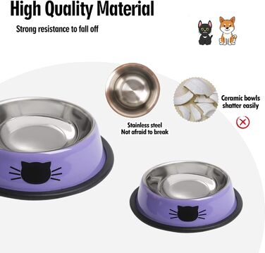 Набори мисок для котячого корму та води, нержавіюча сталь, з гумовим дном, фіолетовий, 2 шт.