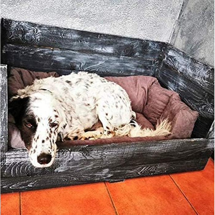 Собаче ліжко Kistenkolli Altes Land Balu з дерева з подушкою, корзина для собак, лежанка, вінтажний диван для собак, білий (90x57x45 см, Shabby Schwarz)