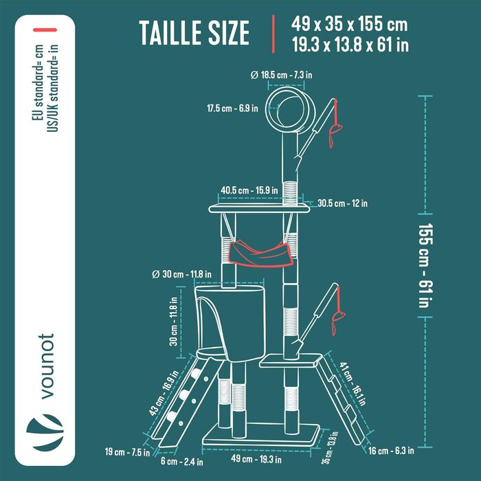 Кігтеточка для котів Vounot® - багатоярусна кігтеточка з платформами, печерею та іграшками, 112 см, бежева